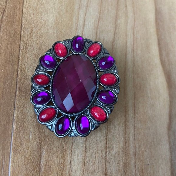 Purple & Pink Rhinestone Oval Shaped Cabachon Brooch 1950s Signed FAF - Picture 2 of 11